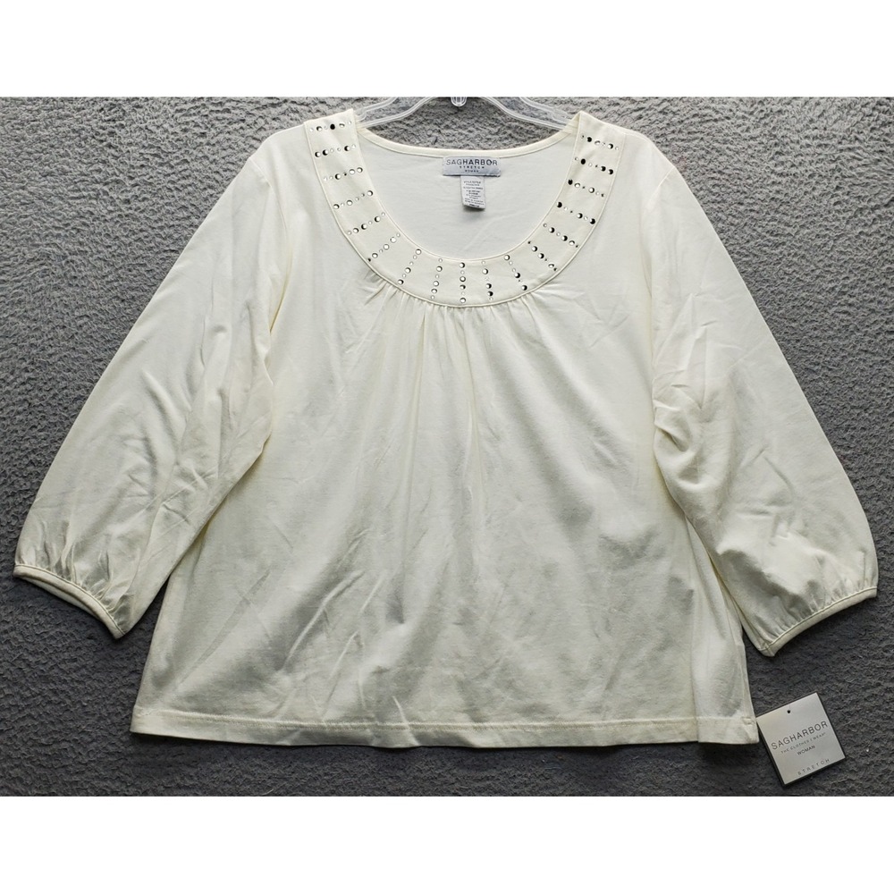 Sag Harbor Blouse‎ Womens 1X Tan Stretch Rhinestone Pleated Round Neck Pullover